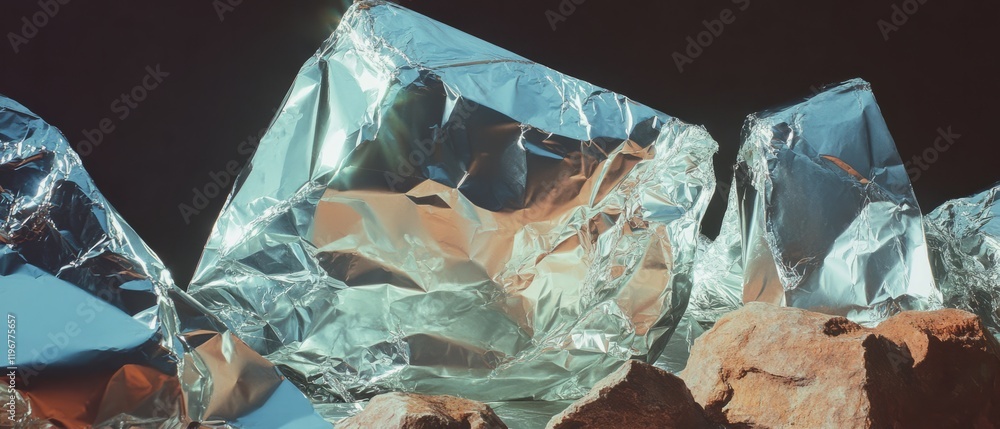 Poster exploration of aluminum foil sculptures showcasing abstract forms and artistic versatility in still 