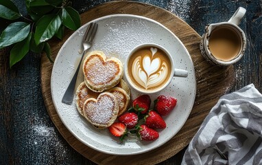 Valentines Day brunch with heart shaped pancakes, strawberries and coffee
