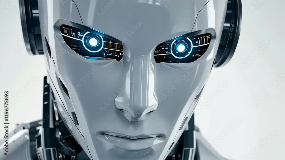 Poster advanced humanoid robot with glowing eyes and intricate technology displayed against a sleek backgro