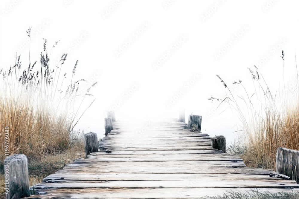 Poster serene wooden pathway leading towards a misty horizon with tall grass flanking the sides. generative