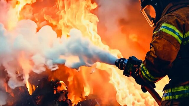 Firefighter in full gear spraying white foam from a spray gun against an intense red flame.
