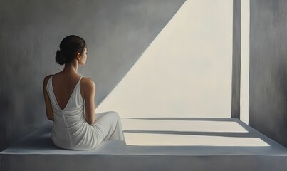 Fototapeta premium Woman in white dress sits, gazing at window.