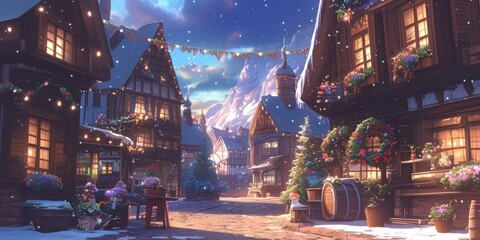Obraz premium Snowy Christmas Village Scene with Warm Lights