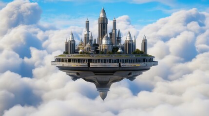Floating Fantasy City Above Clouds with Sky and Towering Structures