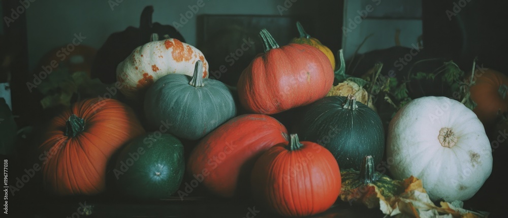 Poster Display of winter squash in diverse shapes and colors arranged in a rustic setting
