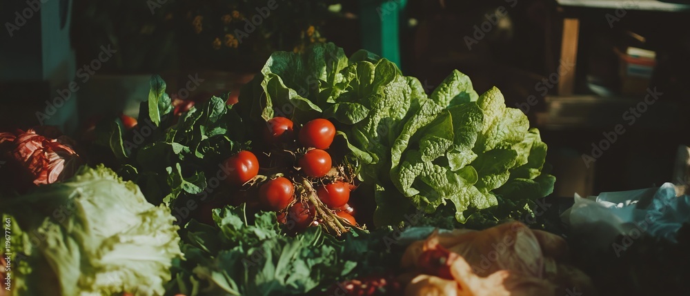 Poster various varieties of lettuce with vibrant colors and textures beautifully arranged on display