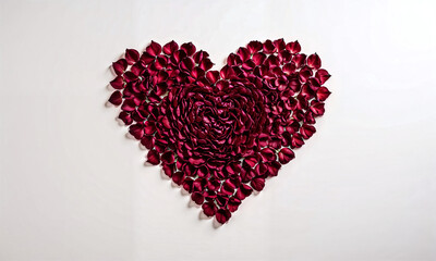 A heart shape carefully crafted from vibrant red rose petals, arranged on a clean white background | Happy Valentine's Day