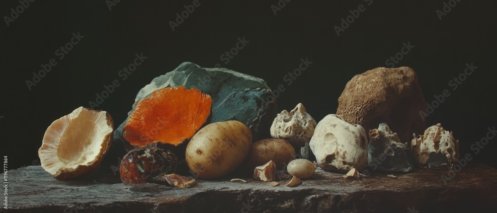 Poster Still life display featuring diverse potato varieties with unique shapes and textures on a dark background