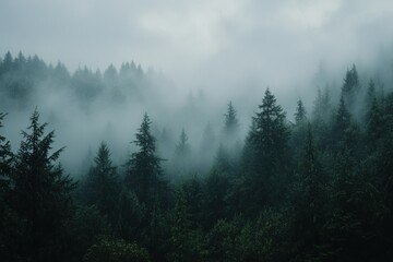 Enchanting Misty Forest Landscape with Tall Evergreen Trees Shrouded in Ethereal Fog, Creating a Mystical Atmosphere for Nature Lovers and Adventurers