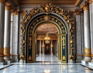 Gold and black baroque style portal of a palace, columns interior palace design, generative ai