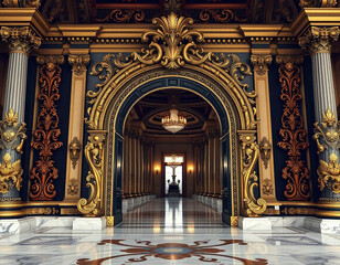 Obraz premium Gold and black baroque style portal of a palace, columns interior palace design, generative ai