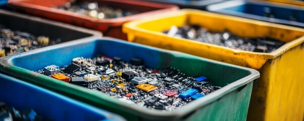 Colorful bins filled with various electronic components in industrial setting.