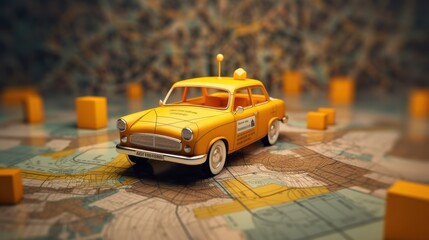 Vintage Yellow Taxi Cab on a Detailed City Map: A Journey of Urban Exploration and Retro Charm