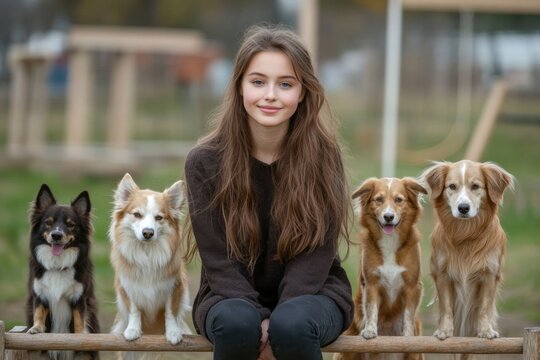dog walker, Woman sits between two dogs, one of which is a white and brown dog. ledy is smiling and she is enjoying the moment with her pet.