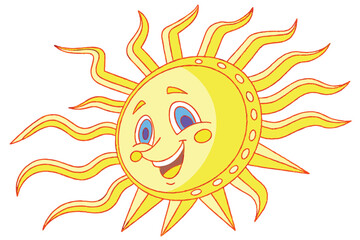 Cheerful cartoon sun, smiling face, vibrant yellow, golden rays, anthropomorphic celestial body, friendly expression, blue eyes, 3D render, glossy texture, child-like illustration, playful design, sum