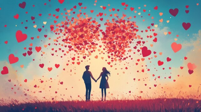 A playful illustration of heart-shaped confetti raining down on a couple holding hands for Valentine's Day.
