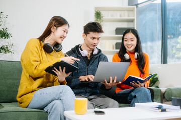 vibrant teamwork, creativity, and learning with young adults using laptops and headphones  in cozy