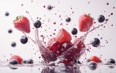 A dynamic splash of red berry compote with strawberries, raspberries, and blueberries flying mid-air on a clean white background