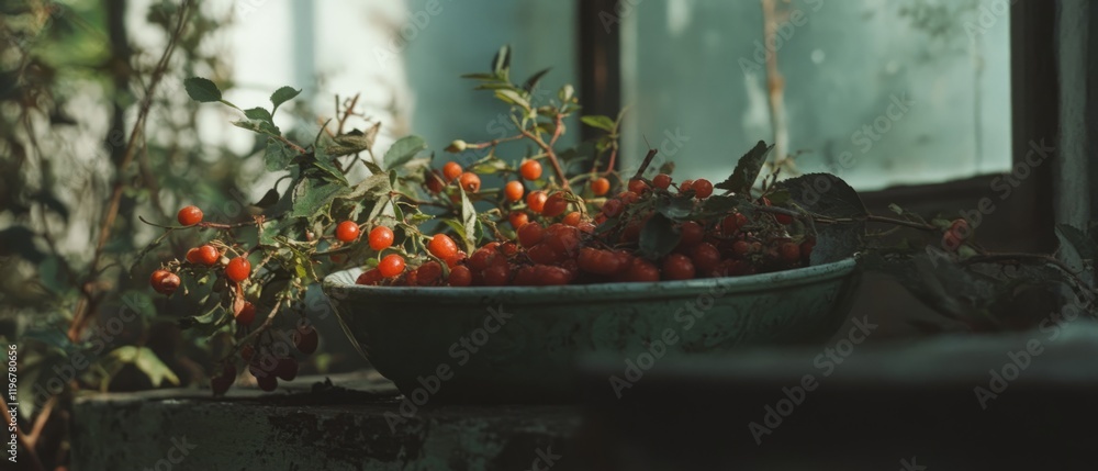 Aufkleber bright red ripe barberries arranged in a rustic bowl highlighting their tart flavor and elongated sh