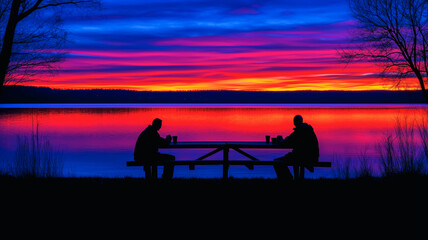 Obraz premium Silhouettes at Sunset: Two figures, silhouetted against a breathtaking sunset, enjoy a tranquil moment together at a picnic table by the water's edge. The fiery sky reflects on the calm water.