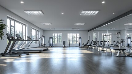 Modern gym interior with treadmills, weight machines, and natural light.