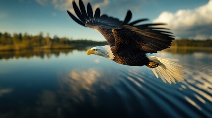 A powerful eagle glides effortlessly over a serene lake, its wings spread wide against the backdrop of a rising sun. This breathtaking moment embodies the essence of independence and natural beauty