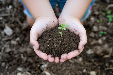 A childs hands gently holding a mound of rich soil with a small green sprout, symbolizing growth, hope, and care for the planet. A heartwarming image perfect for Earth Day 