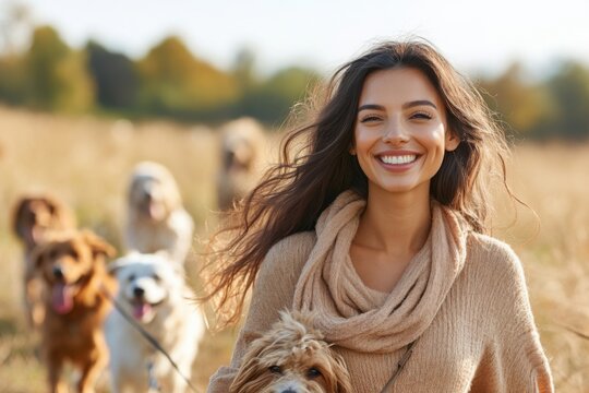 dog walker, Woman sits between two dogs, one of which is a white and brown dog. ledy is smiling and she is enjoying the moment with her pet.
