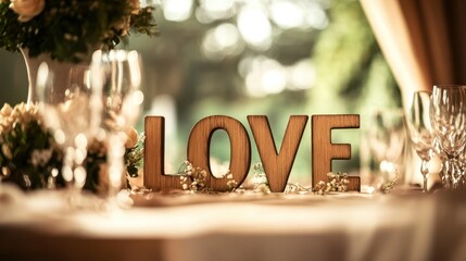 A romantic dinner table setup with LOVE spelled out in wooden letters as part of the centerpiece.