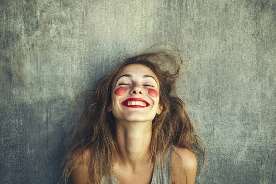 Joyful woman, red-cheeked, laughing,  long hair.