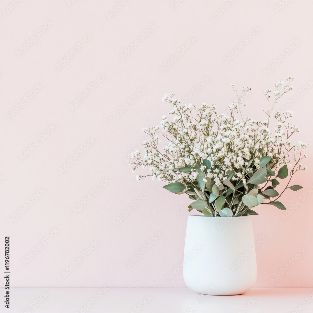 Poster Elegant white flowers in a minimalist vase on a soft pink background with ample copy space for text. Generative AI