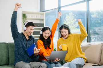 vibrant teamwork, creativity, and learning with young adults using laptops and headphones  in cozy