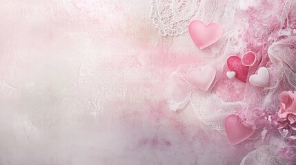A romantic Valentine's Day background featuring soft pastel hues, delicate lace, and subtle heart outlines.