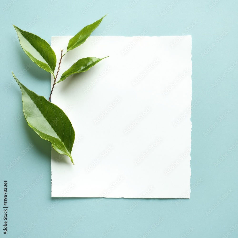 Leinwandbilder simple blank sheet of paper with fresh green leaves on pastel background for creative design use. ge