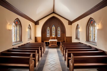 Fototapeta premium Captivating View of a Historic Church’s Interior, Showcasing Decorative Wooden Pews and Exquisite Stained-Glass Accents