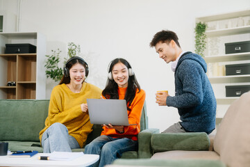 vibrant teamwork, creativity, and learning with young adults using laptops and headphones  in cozy