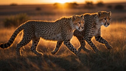 Two cheetahs walking gracefully in golden grass during sunset.