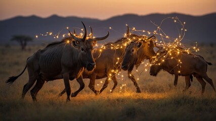 A dynamic scene of wildebeests adorned with glowing lights in a natural landscape at dusk.