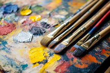 Obraz premium Paintbrushes rest on a colorful palette.