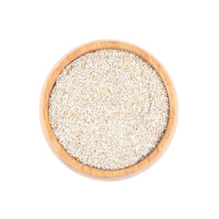 Rye bran in bowl isolated on white, top view