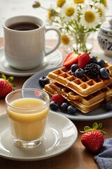 Belgian waffles on a white plate drizzled with maple syrup. Fresh fruits such as strawberries and blueberries are arranged around the plate. A cup of coffee and a small vase of flowers are nearby.