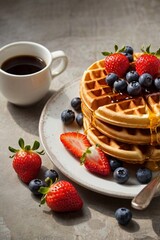 Belgian waffles on a white plate drizzled with maple syrup. Fresh fruits such as strawberries and blueberries are arranged around the plate. A cup of coffee and a small vase of flowers are nearby.