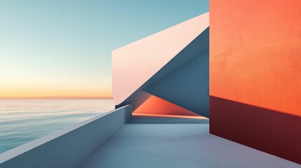 Obraz premium Geometric seaside structure; sunset hues.