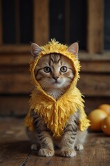little cartoon kitten in a chicken costume dancing