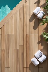 Wooden floor near the pool with natural and warm wood tone. Part of the clean sparkling pool with turquoise water is visible. Several neatly folded white towels are lying on the floor
