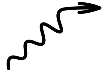 Arrow wavy. Sketch. Hand drawn black pointer. Vector illustration. Oscillating sign pointing right and up. Outline on isolated white background. Doodle style. Idea for web design.