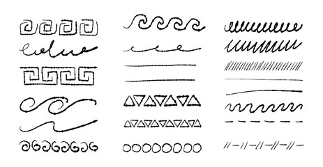 Pencil scribble elements collection. Hand drawn strokes, underlines, wave brush marks, curls, monograms. Vector set isolated on white background.
