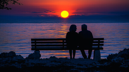 Sunset Love: Silhouettes of a loving couple embrace on a wooden bench overlooking a breathtaking sunset, painting the sky with vibrant hues of orange and purple.