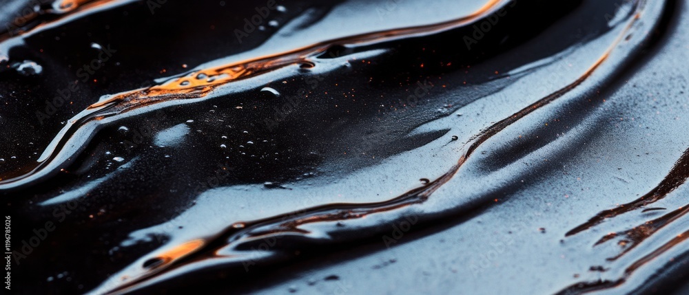 Poster dark liquid flows smoothly over a black surface creating a viscous texture and sheen in natural ligh