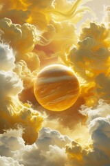 The planet Venus,close-up, is in the center, surrounded by yellowish clouds that swirl around it.The clouds are a bright, sunny yellow with barely noticeable orange halftones,turning into creamy white